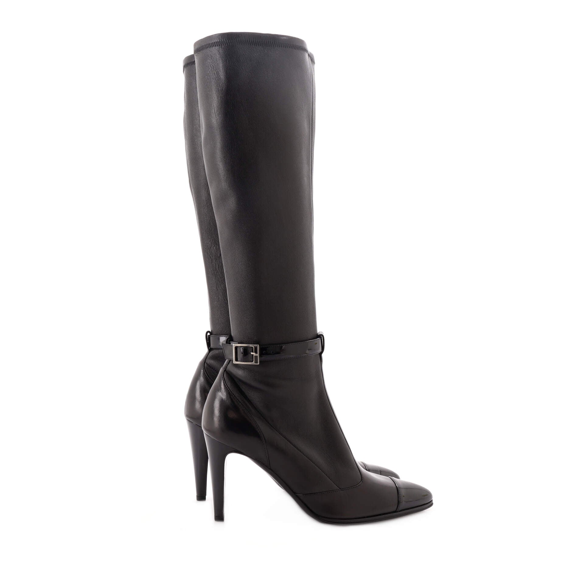 Women's Ankle Buckle Knee High Heel Boots Leather and Patent