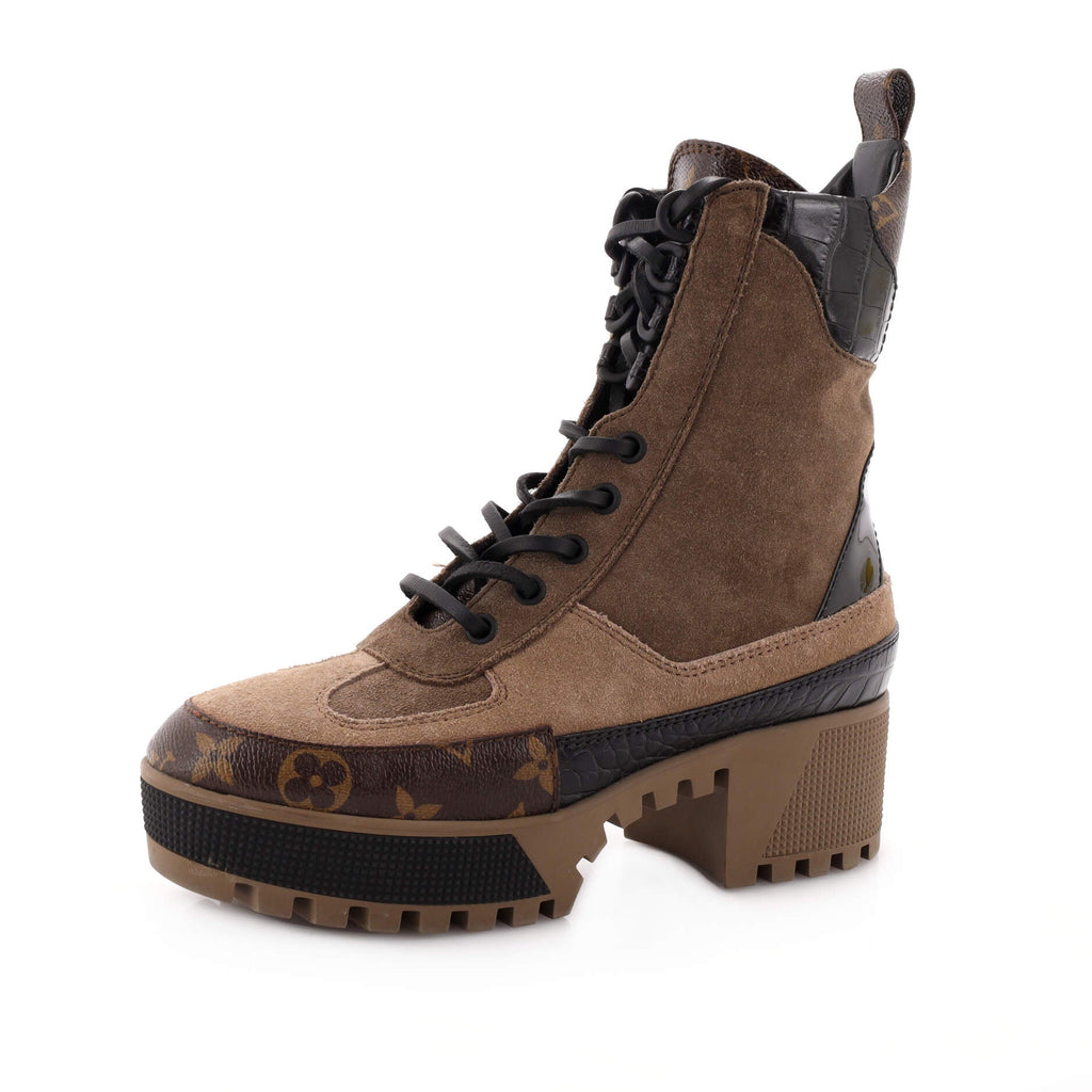 Women's Laureate Platform Desert Boots Suede with Monogram Canvas and Crocodile