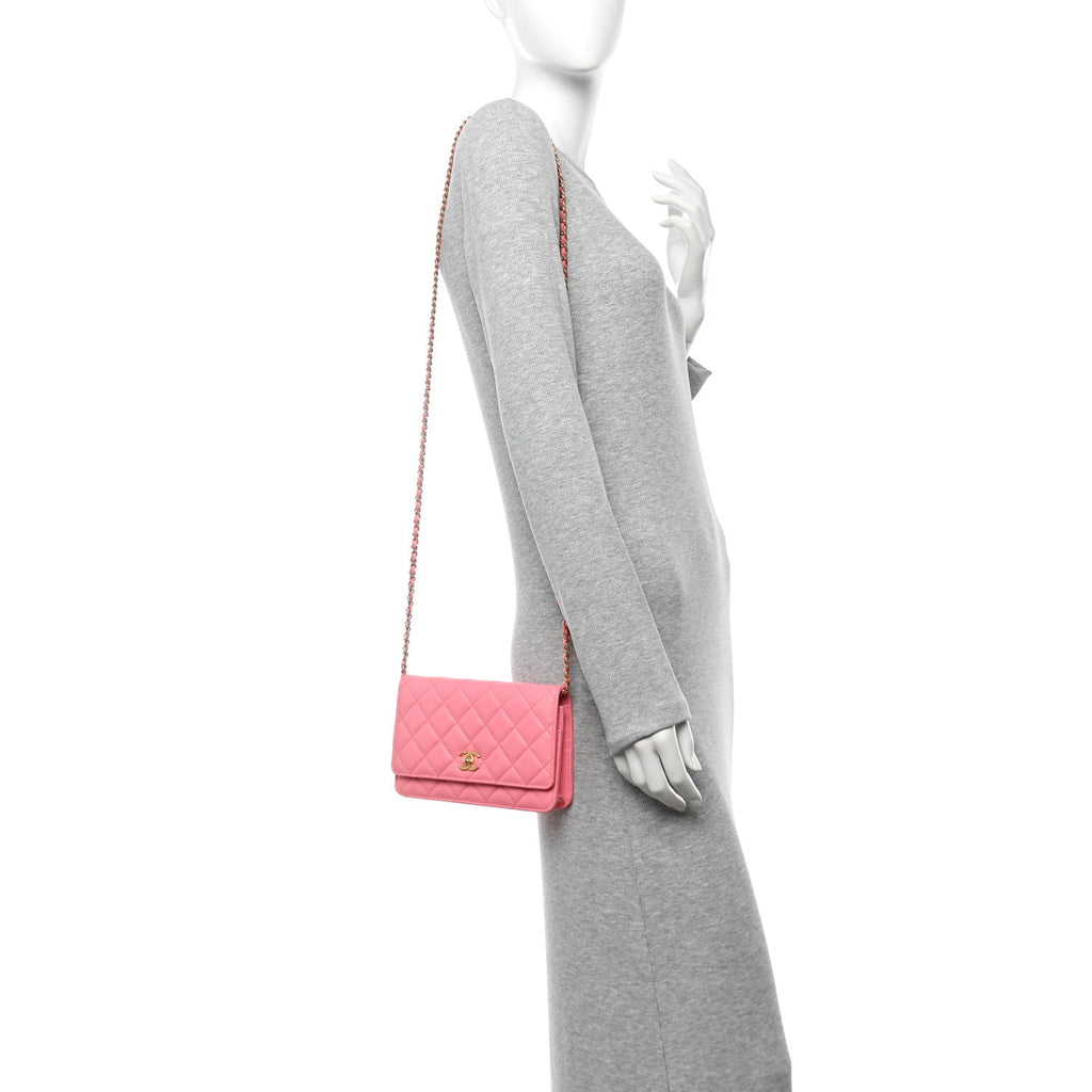 Lambskin Quilted CC Pearl Crush Wallet on Chain WOC Pink