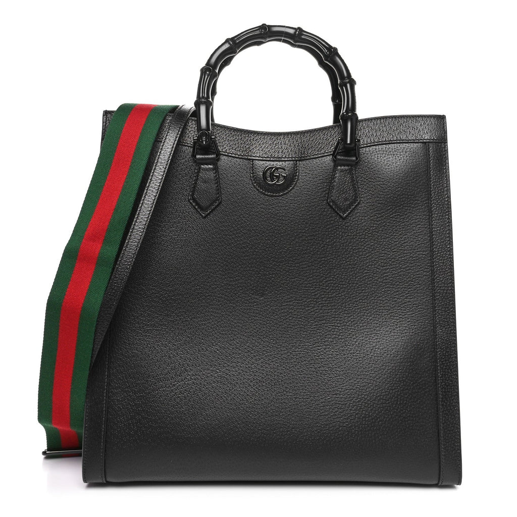 Textured Dollar Calfskin Web Monochrome Large Diana Tote Bag Black