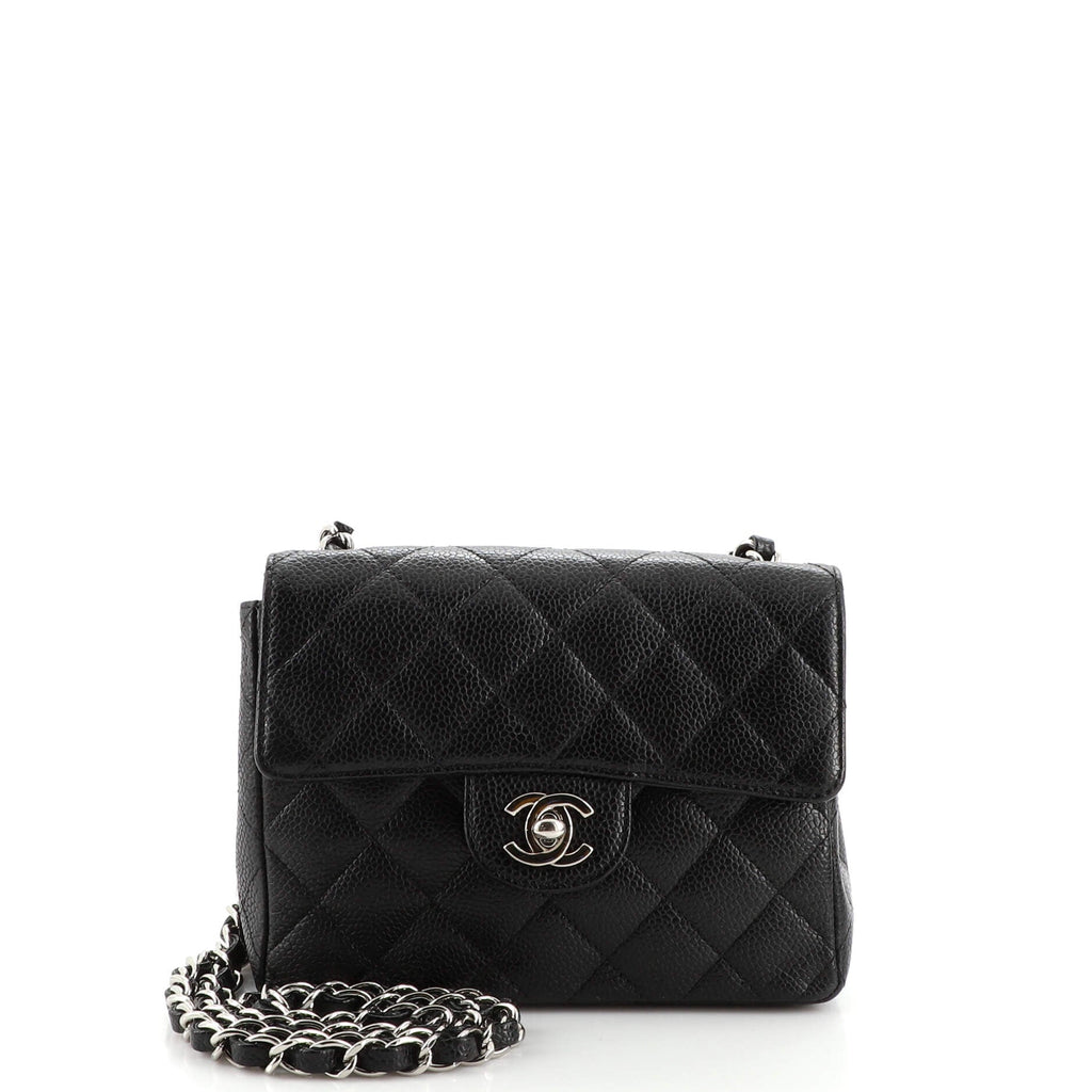 Square Classic Single Flap Bag Quilted Caviar Mini