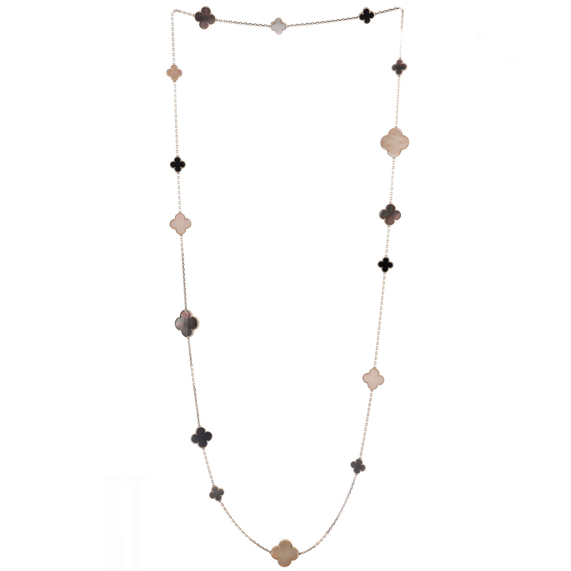 Magic Alhambra 16 Motifs Long Necklace 18K Yellow Gold with Mother of Pearl and Onyx