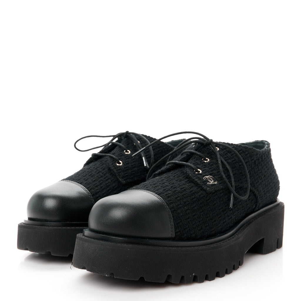 Wool Tweed Calfskin Lace-Up Loafers 38.5 Black
