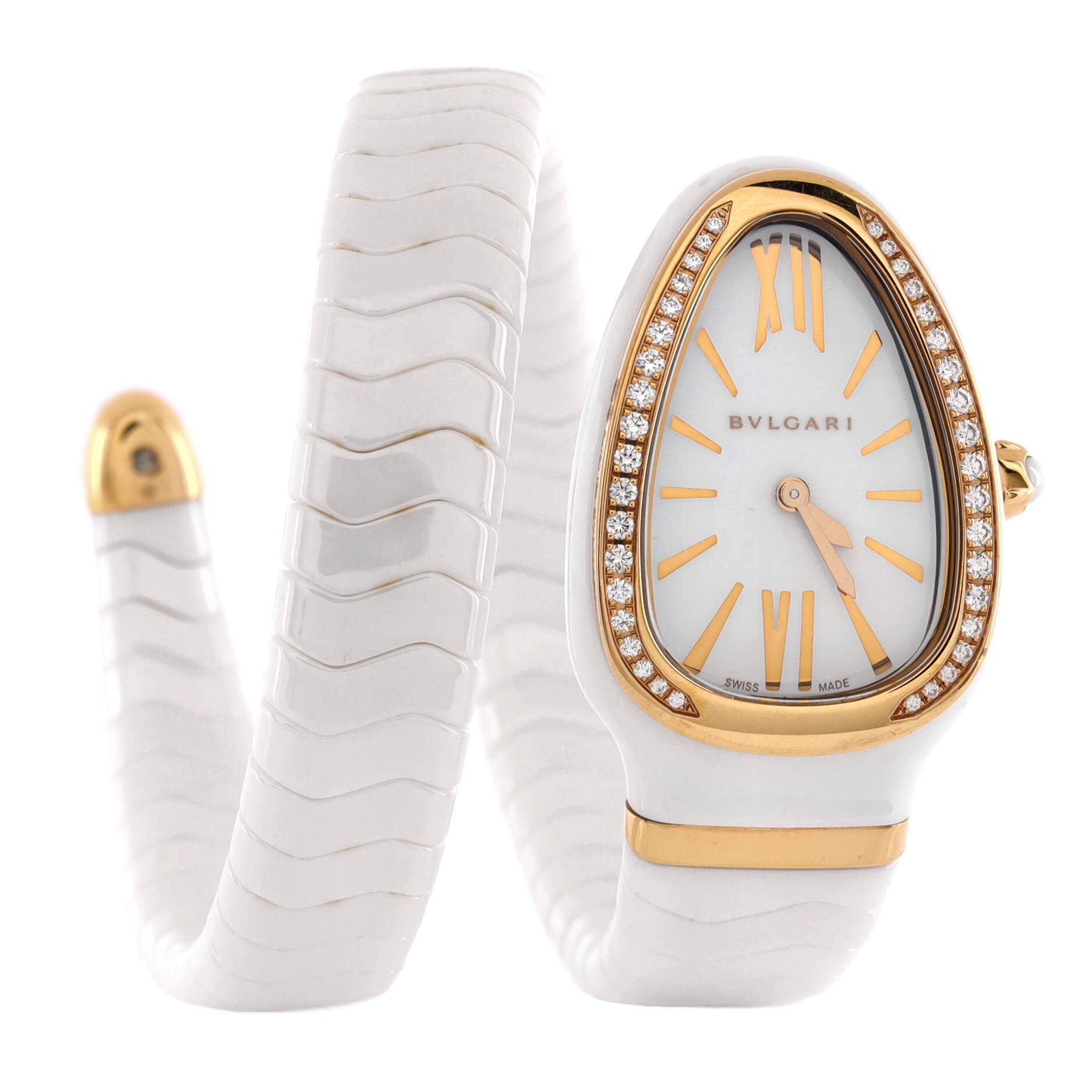 Serpenti Spiga Single Spiral Quartz Watch Ceramic and Rose Gold with Diamond Bezel 23