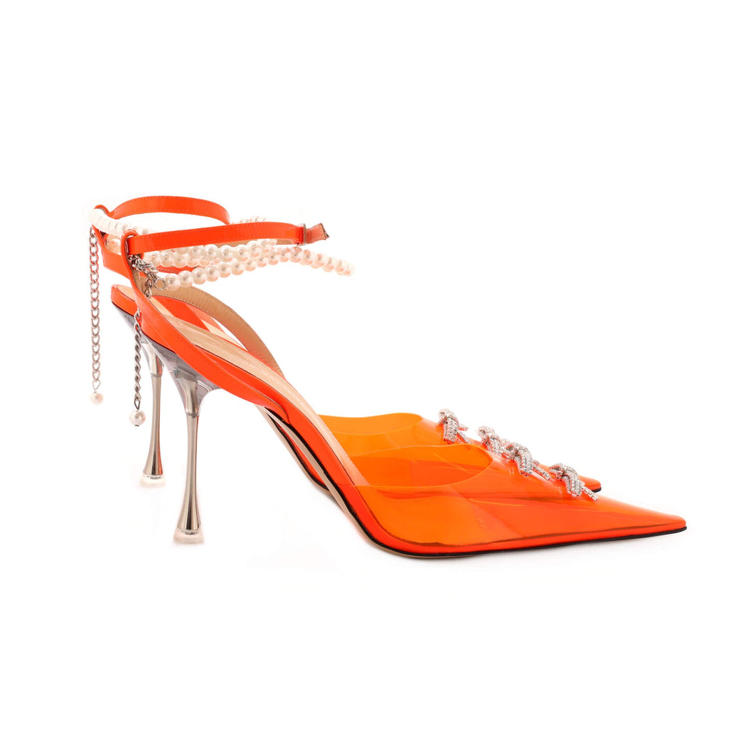 Women's Matilda Ankle Strap Pumps Embellished PVC and Leather with Faux Pearls