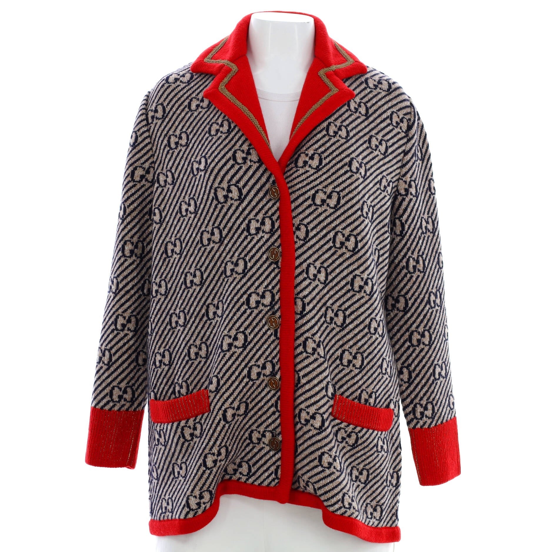Women's Knit Button Up Collared Jacket GG Wool Blend