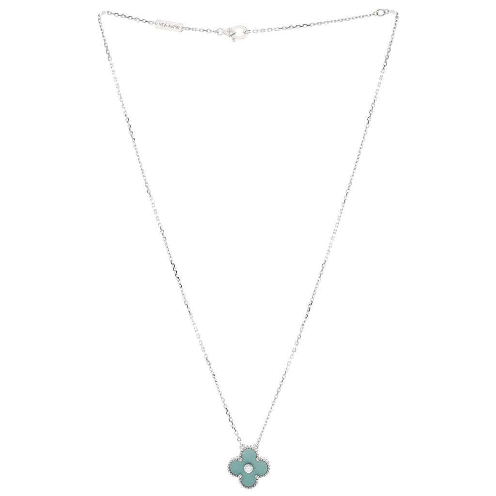 Vintage Alhambra Pendant Necklace 18K White Gold and Green Celadon Sevres Porcelain with Diamond