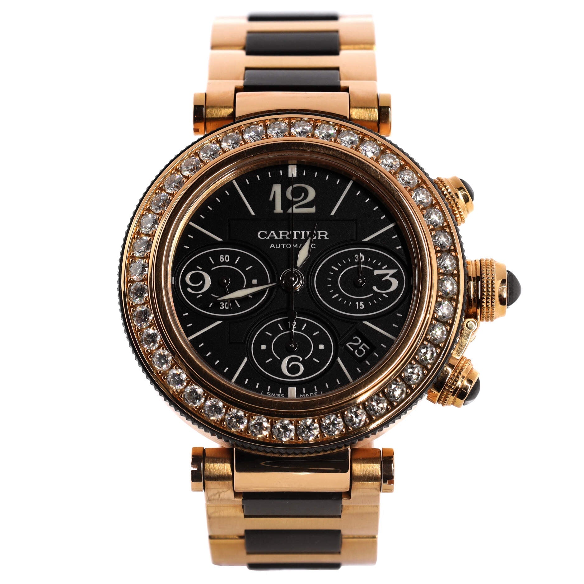 Pasha de Cartier Seatimer Chronograph Automatic Watch Rose Gold and Rubber with Diamond Bezel 43