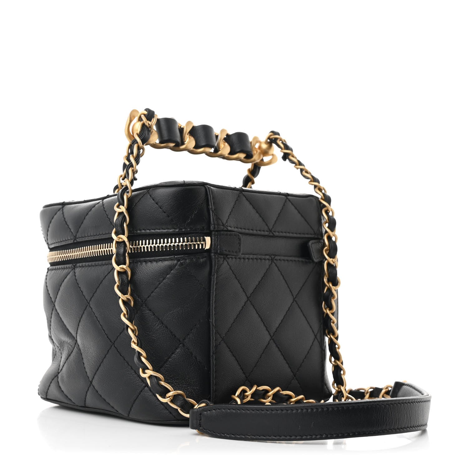 Calfskin Quilted Small Vanity Case With Chain Black
