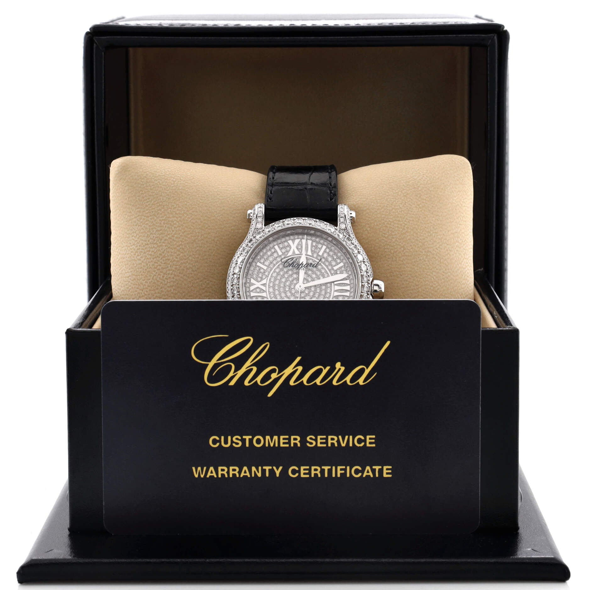 Happy Sport Round Automatic Watch White Gold and Alligator with Diamond Bezel, Lugs, Pave Dial, and Floating Diamonds 36