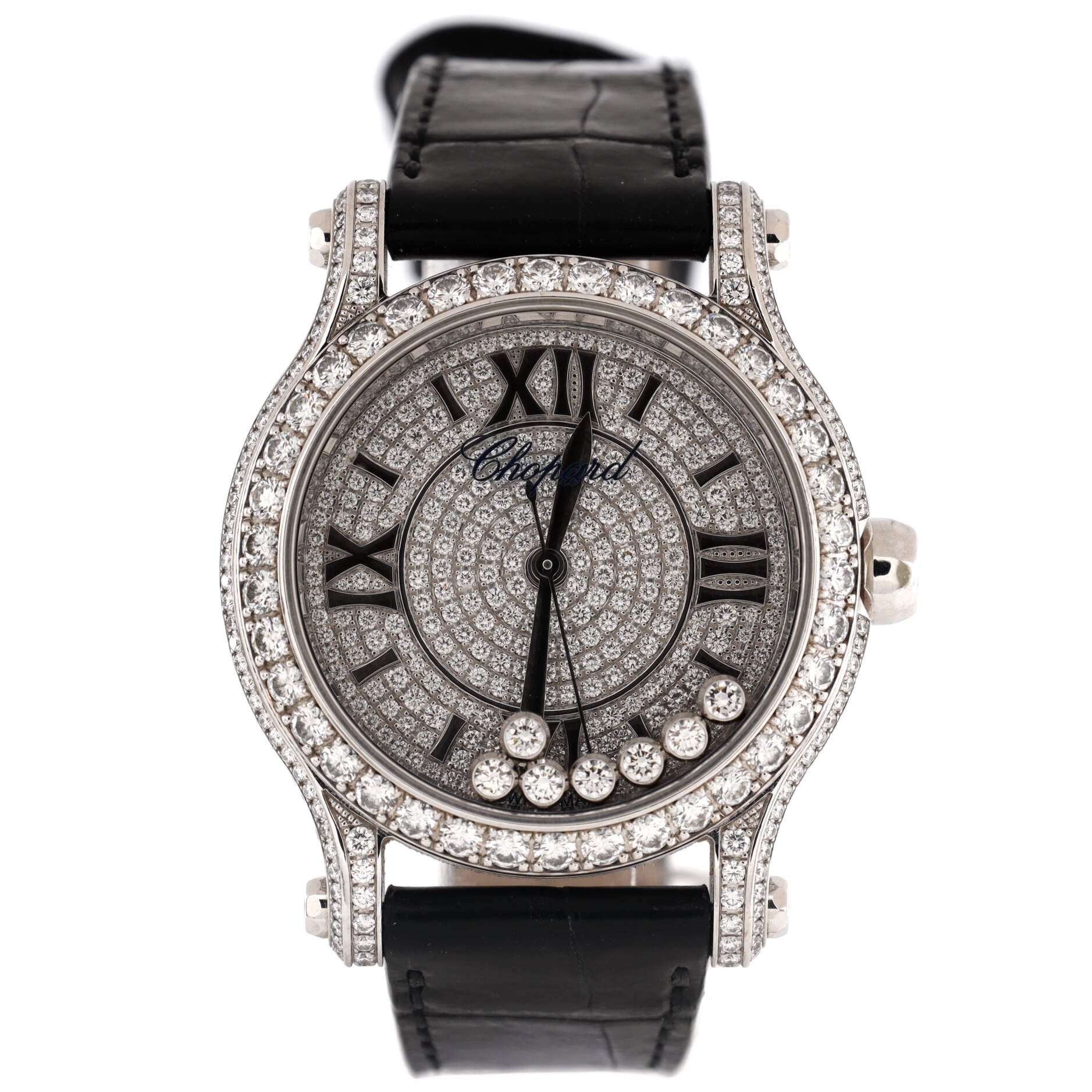 Happy Sport Round Automatic Watch White Gold and Alligator with Diamond Bezel, Lugs, Pave Dial, and Floating Diamonds 36
