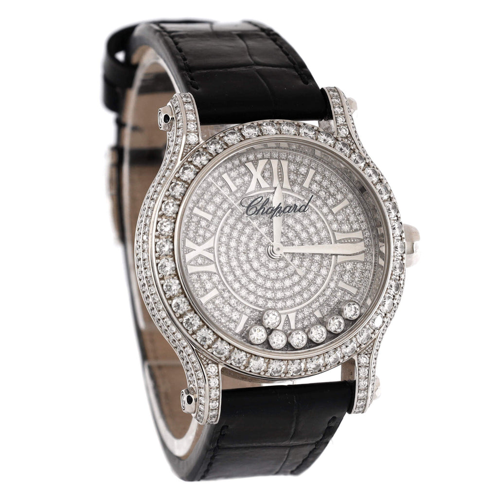 Happy Sport Round Automatic Watch White Gold and Alligator with Diamond Bezel, Lugs, Pave Dial, and Floating Diamonds 36