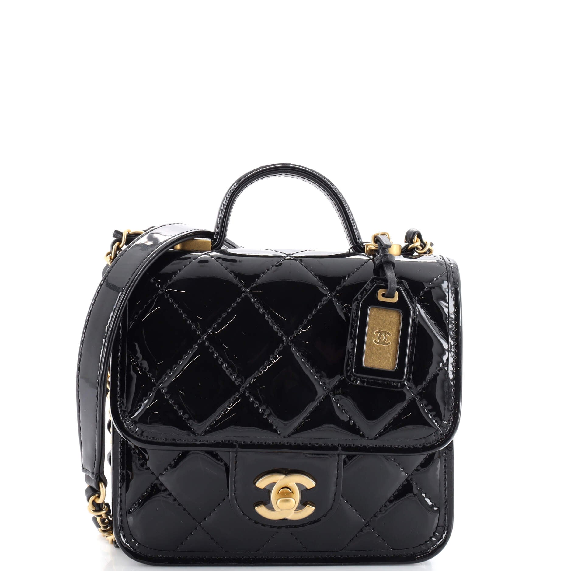 CC Top Handle Chain Flap Bag Quilted Patent Mini