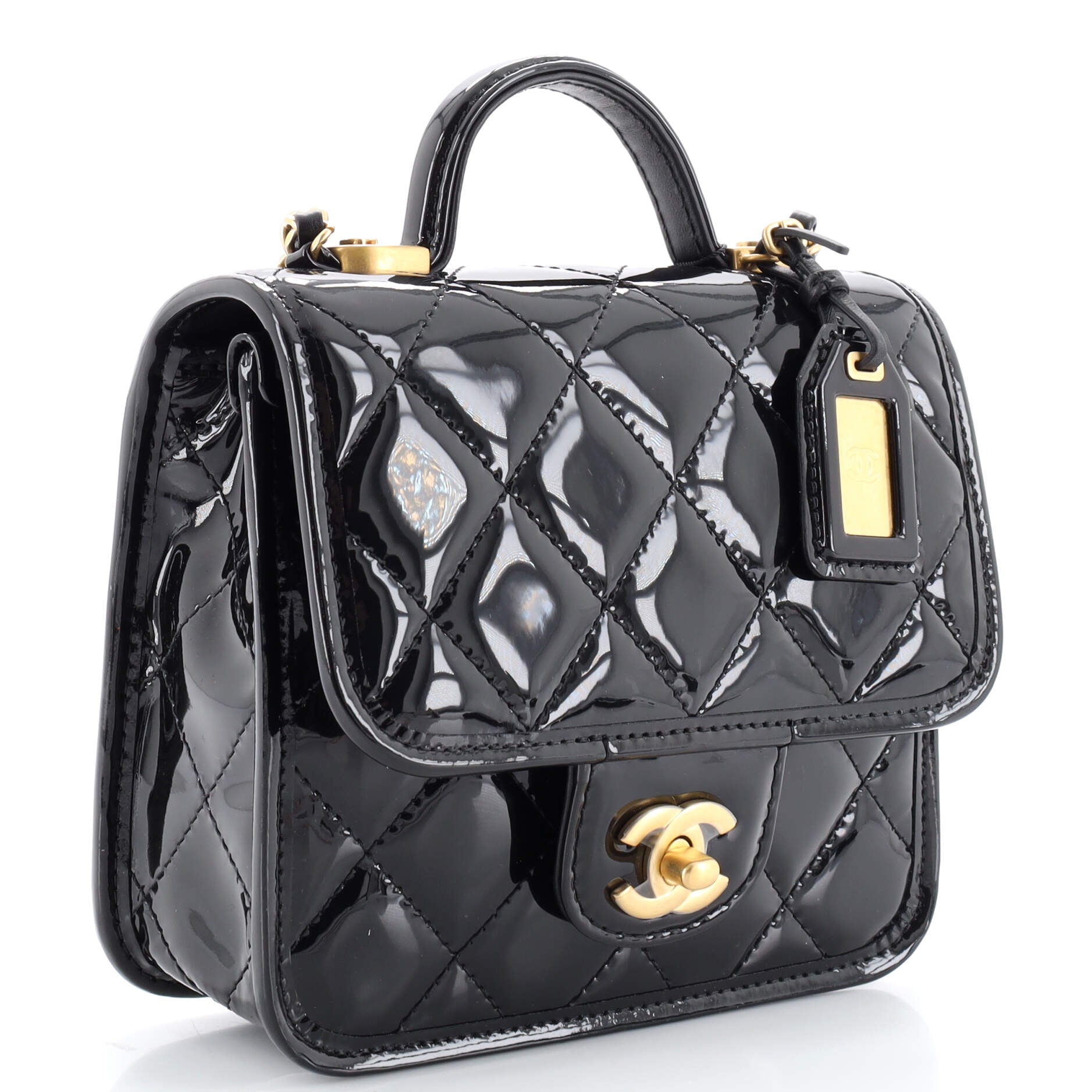 CC Top Handle Chain Flap Bag Quilted Patent Mini