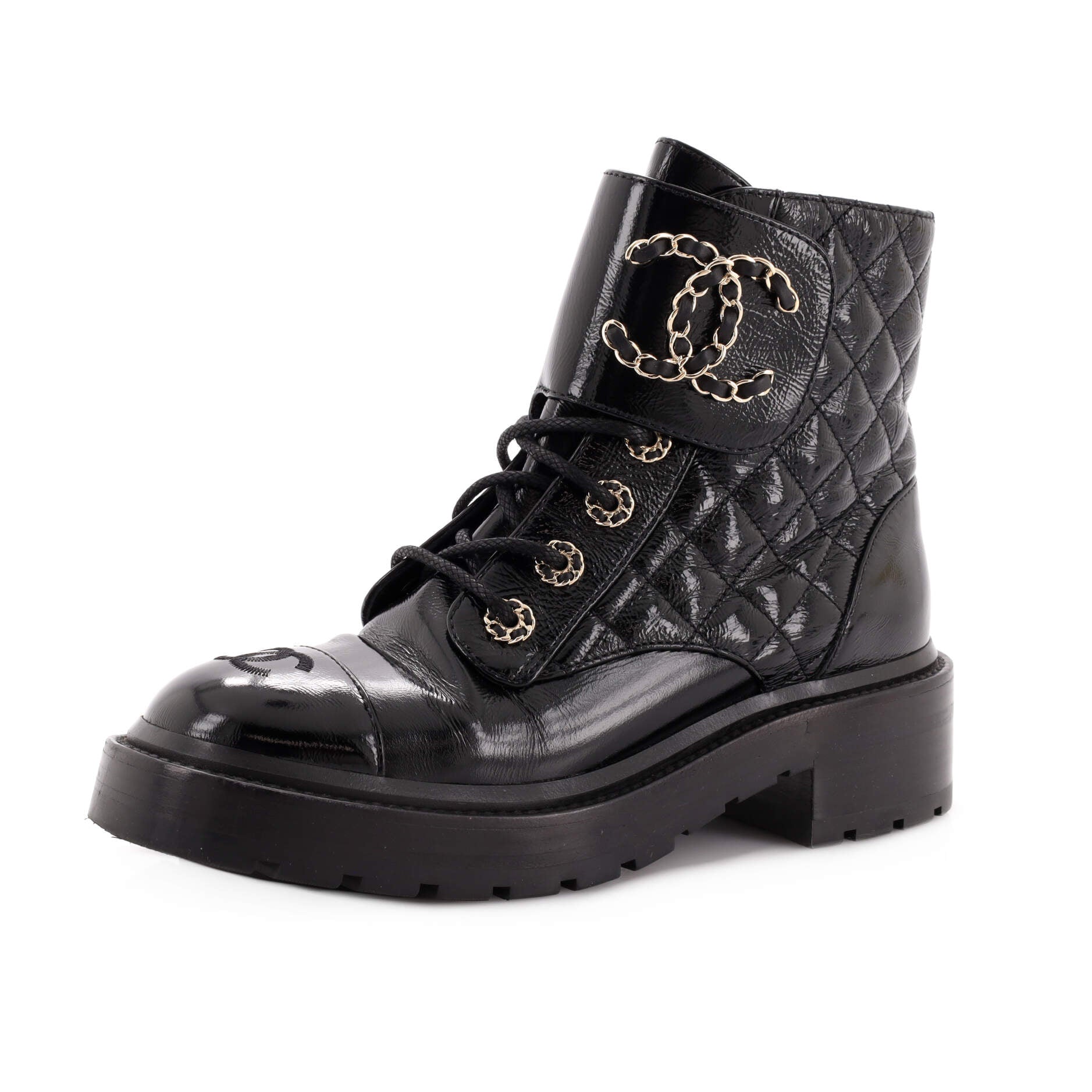 Women's Chain CC Cap Toe Lace Up Combat Boots Quilted Shiny Calfskin