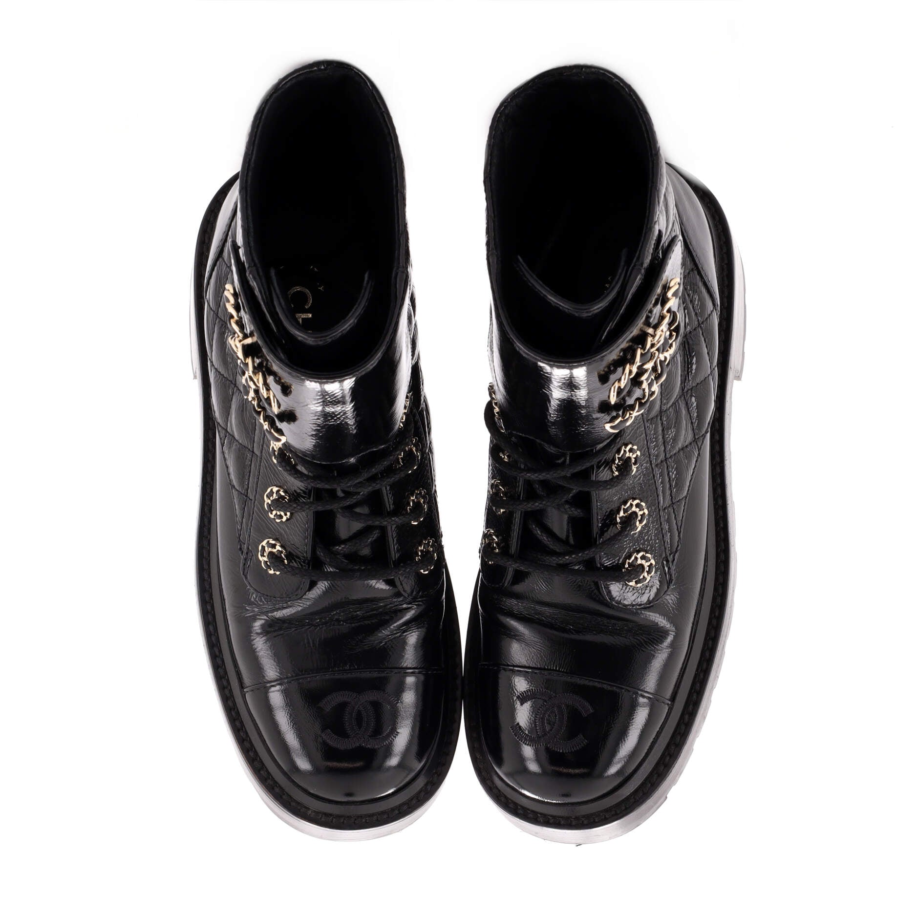 Women's Chain CC Cap Toe Lace Up Combat Boots Quilted Shiny Calfskin