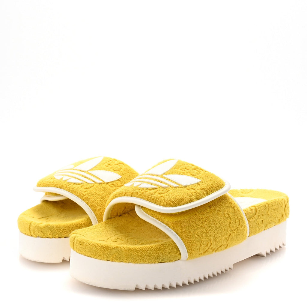 X ADIDAS Magic Sponge Terry Cloth Trefoil GG Monogram Womens Platform Sandals 39 Smile Yellow Off White