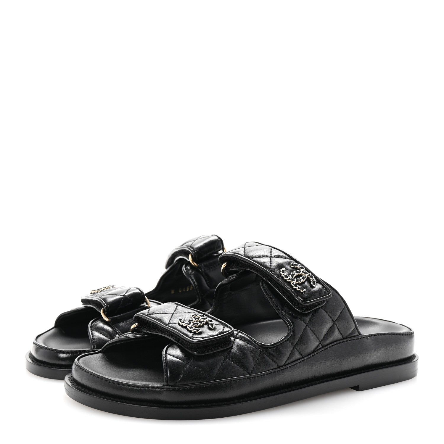 Lambskin Quilted Velcro Dad Chain CC Slide Sandals 36.5 Black