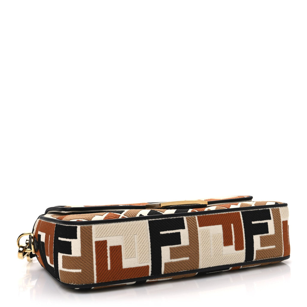 Canvas Vitello Seta FF Multicolor Embroidered Baguette Brandy Black
