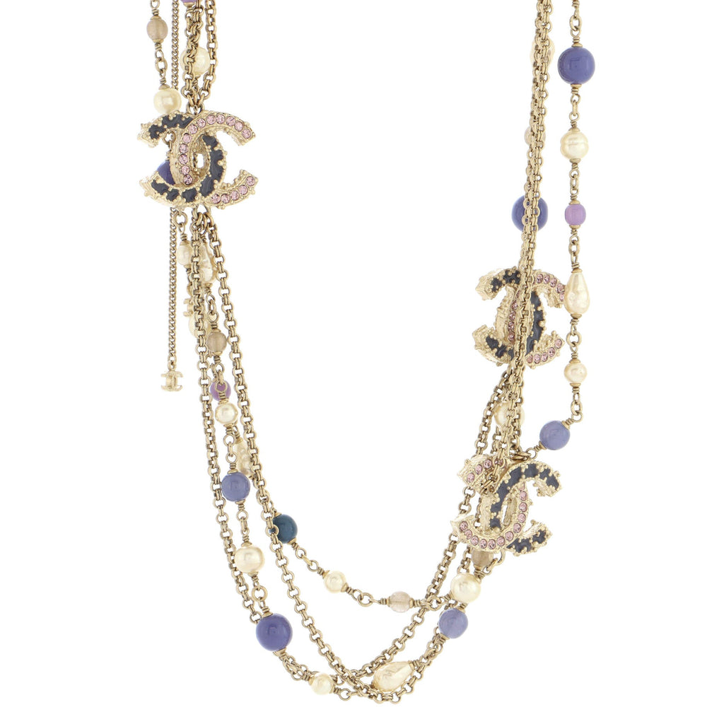 CC Long Double Strand Necklace Metal with Faux Pearls and Beads
