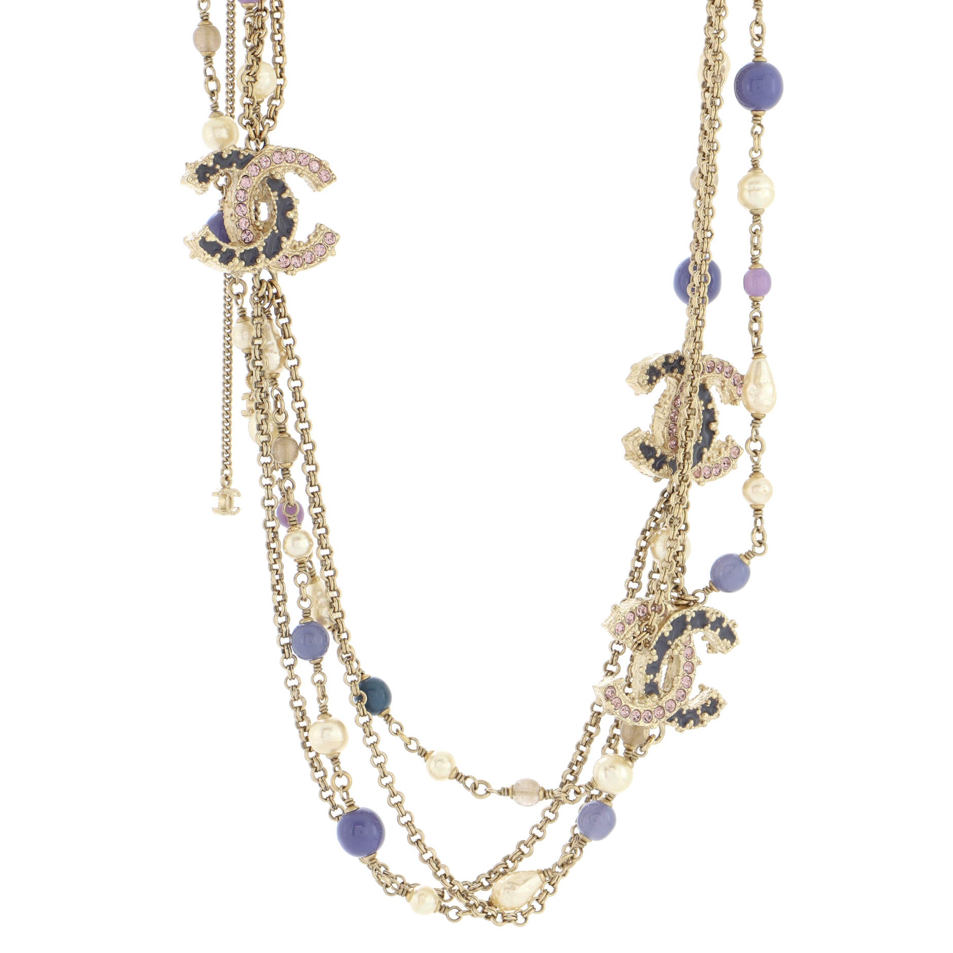 CC Long Double Strand Necklace Metal with Faux Pearls and Beads