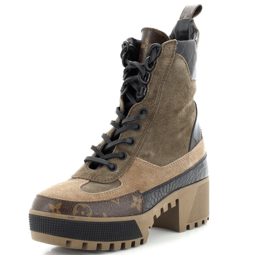 Women's Laureate Platform Desert Boots Suede with Monogram Canvas and Crocodile