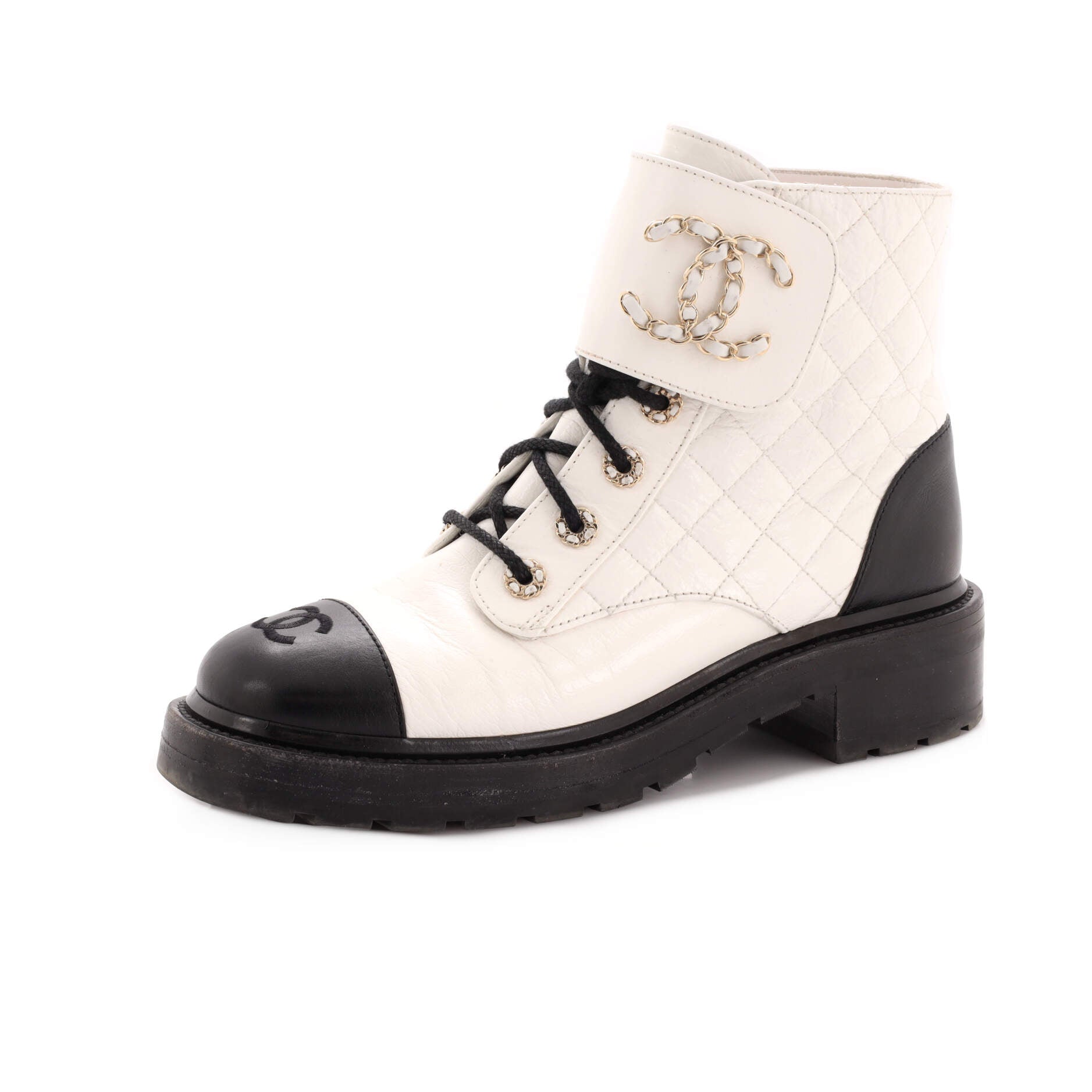 Women's Chain CC Cap Toe Lace Up Combat Boots Quilted Leather