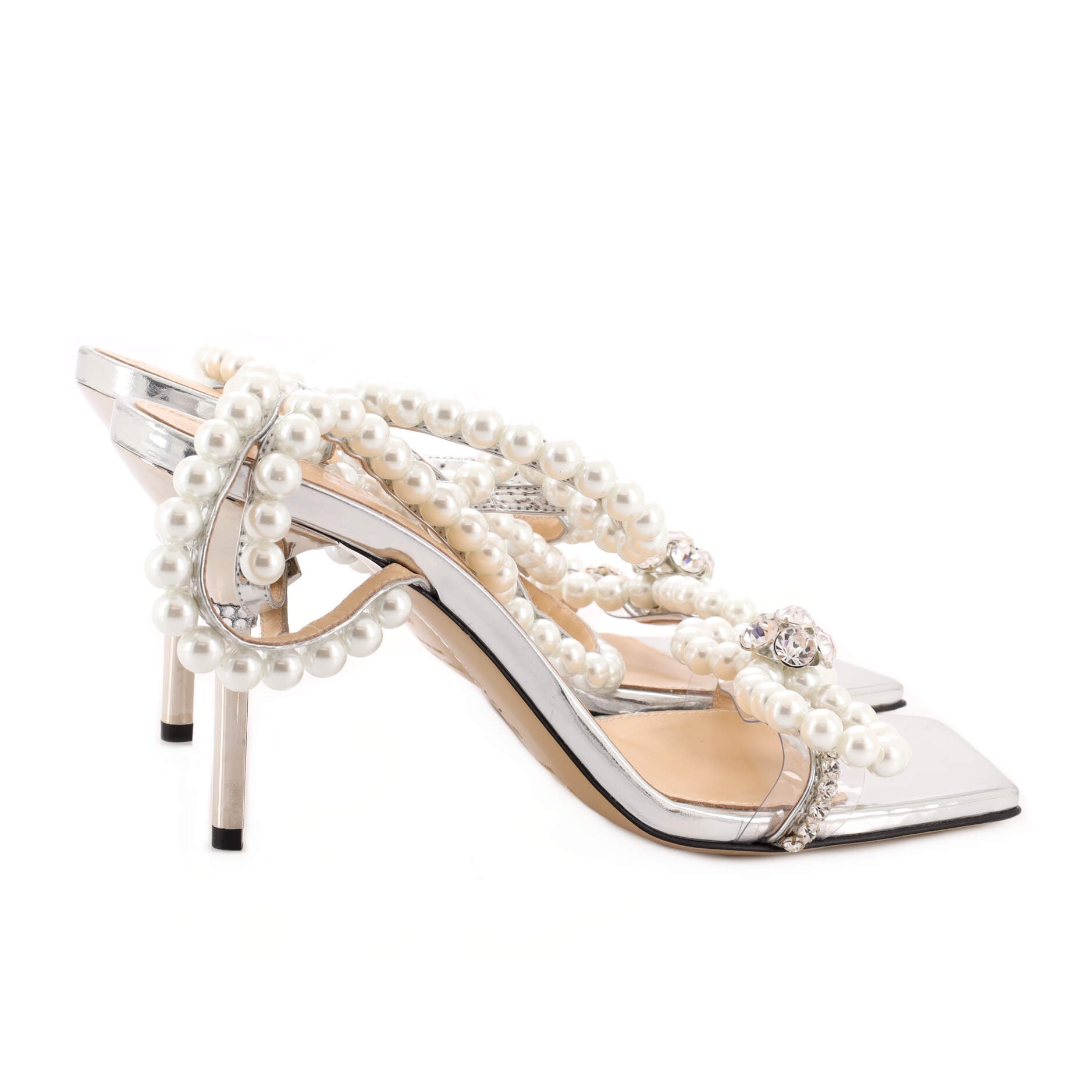 Women's Pearl Bow Square Toe Heeled Sandals Leather with Crystals and Faux Pearls