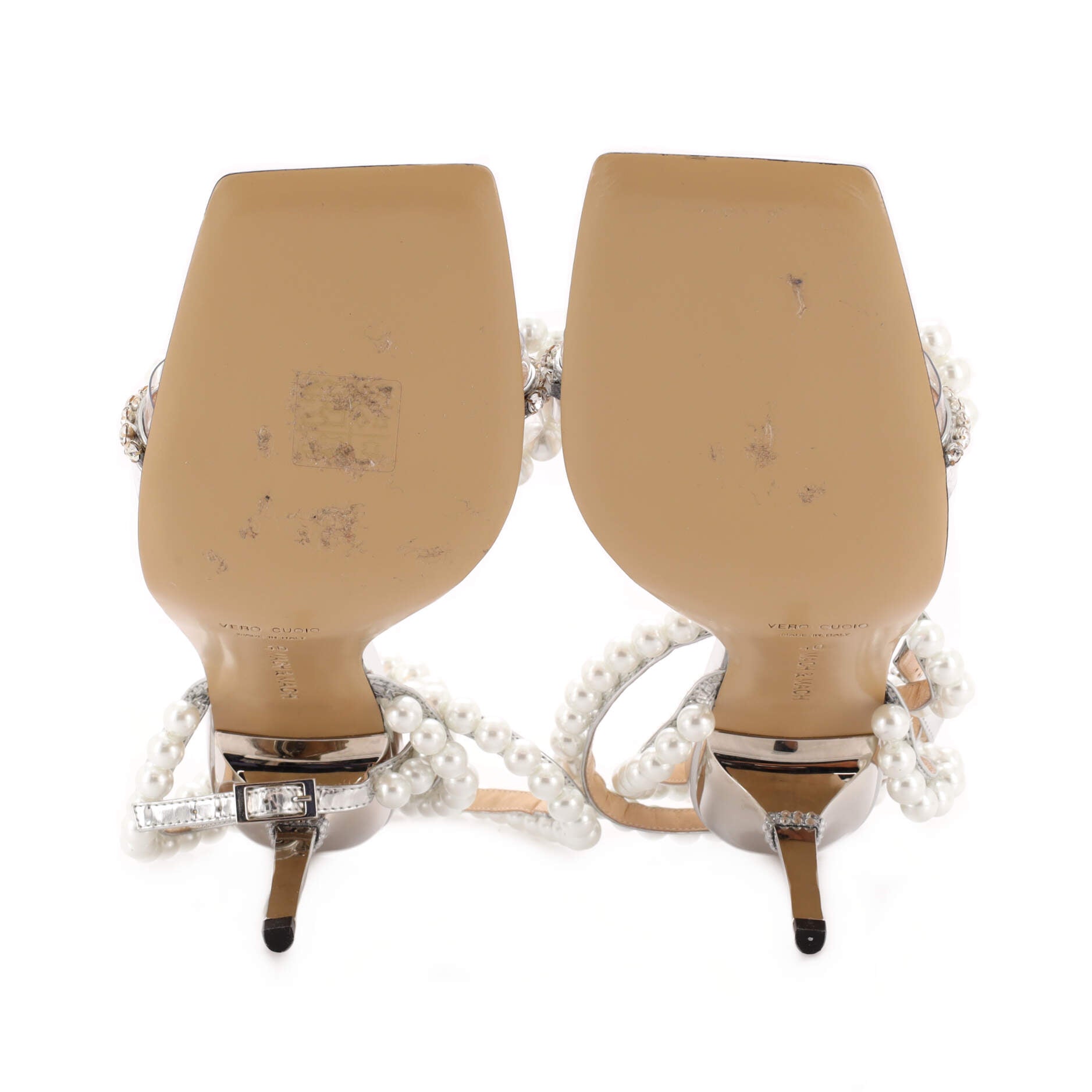 Women's Pearl Bow Square Toe Heeled Sandals Leather with Crystals and Faux Pearls