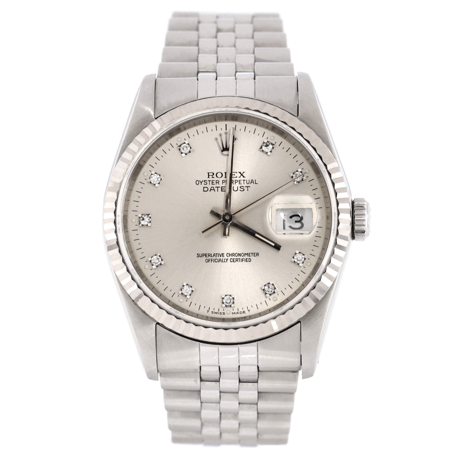 Oyster Perpetual Datejust Automatic Watch Stainless Steel and White Gold with Diamond Markers 36