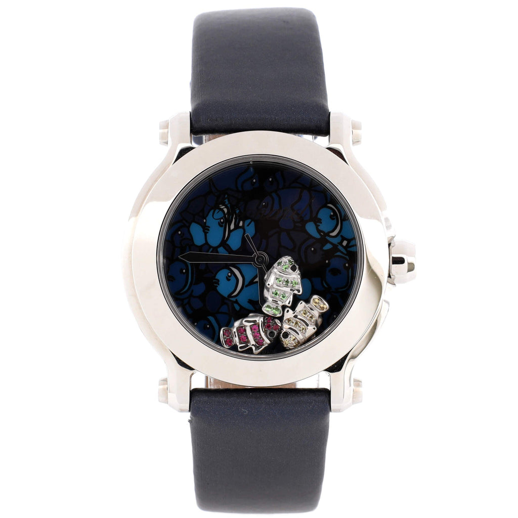 Happy Sport Fish Round Quartz Watch Stainless Steel and Rubber with Floating Rubies and Sapphires 36