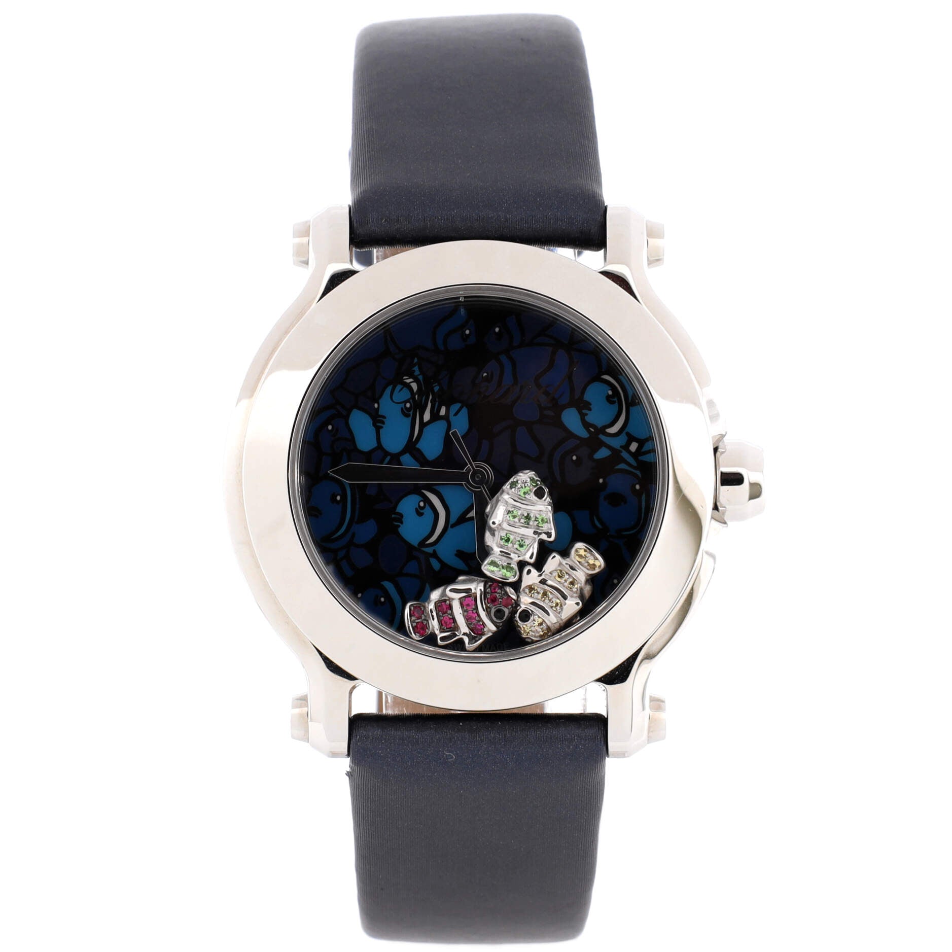 Happy Sport Fish Round Quartz Watch Stainless Steel and Rubber with Floating Rubies and Sapphires 36