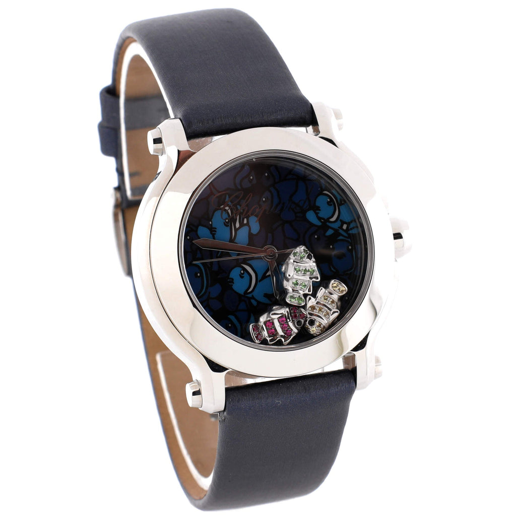 Happy Sport Fish Round Quartz Watch Stainless Steel and Rubber with Floating Rubies and Sapphires 36