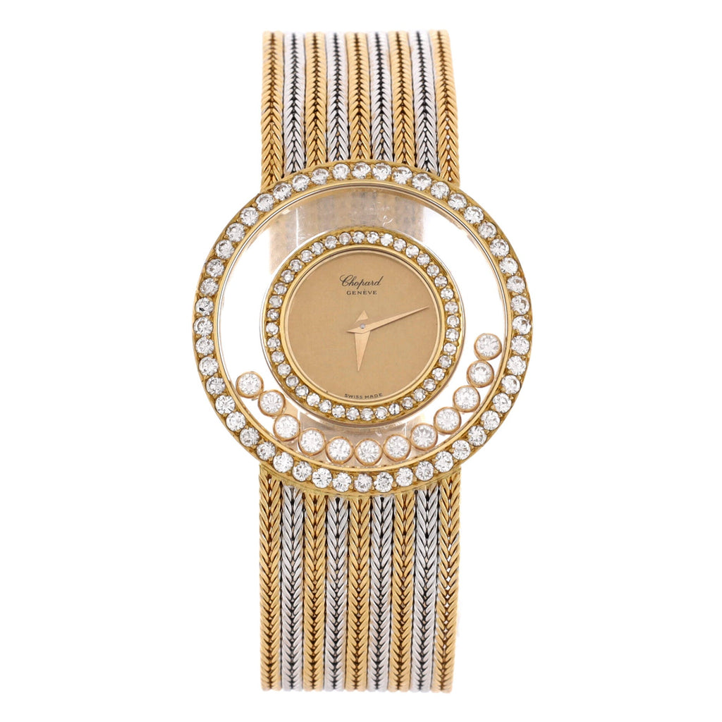 Happy Diamonds Round Quartz Watch Yellow Gold and White Gold with Diamond Bezel and 12 Floating Diamonds 32