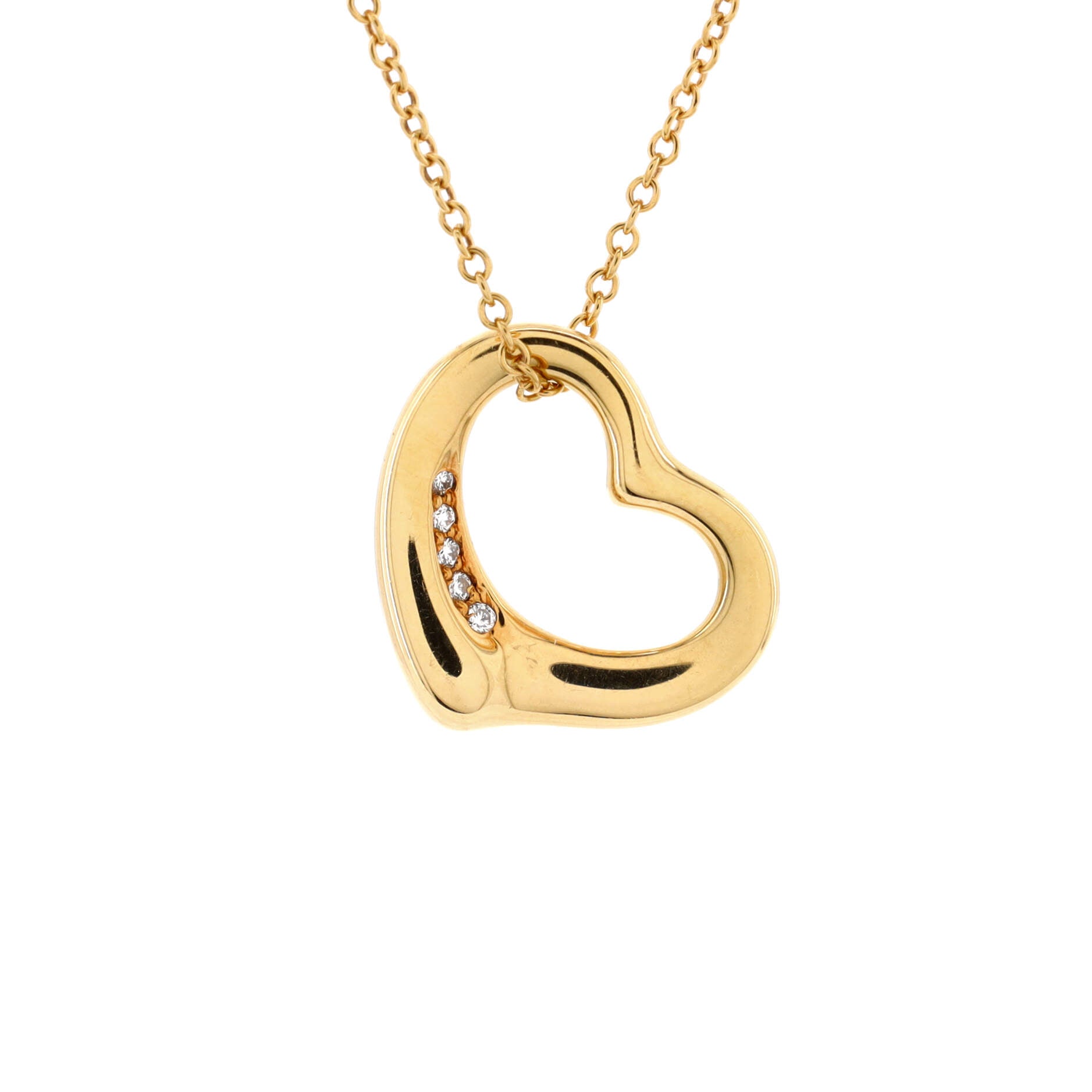 Elsa Peretti Open Heart 5 Diamonds Pendant Necklace 18K Yellow Gold and Diamonds