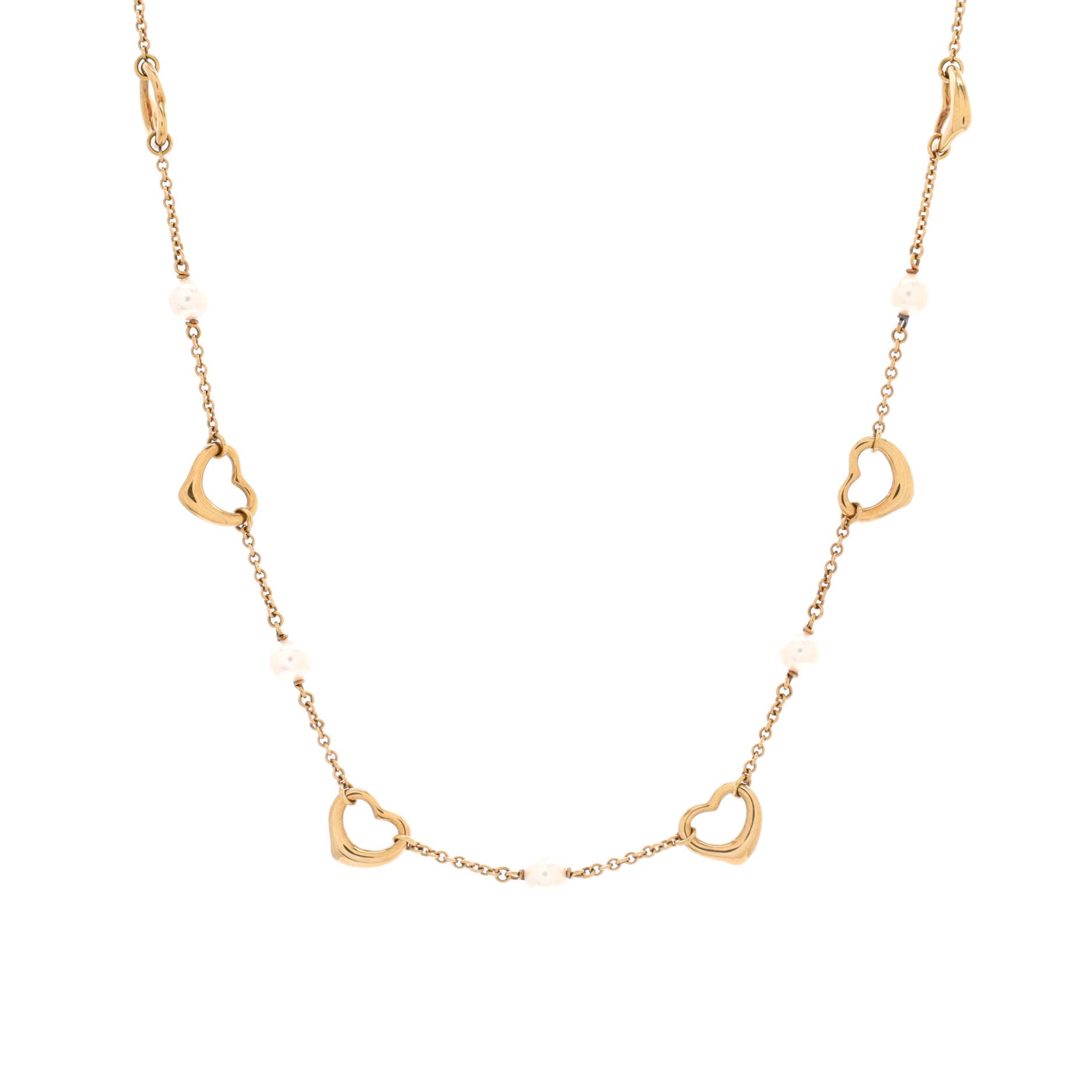 Elsa Peretti Open Heart Station Necklace 18K Yellow Gold and Pearls