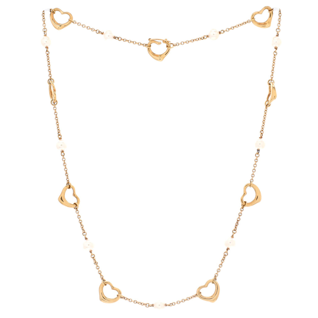 Elsa Peretti Open Heart Station Necklace 18K Yellow Gold and Pearls