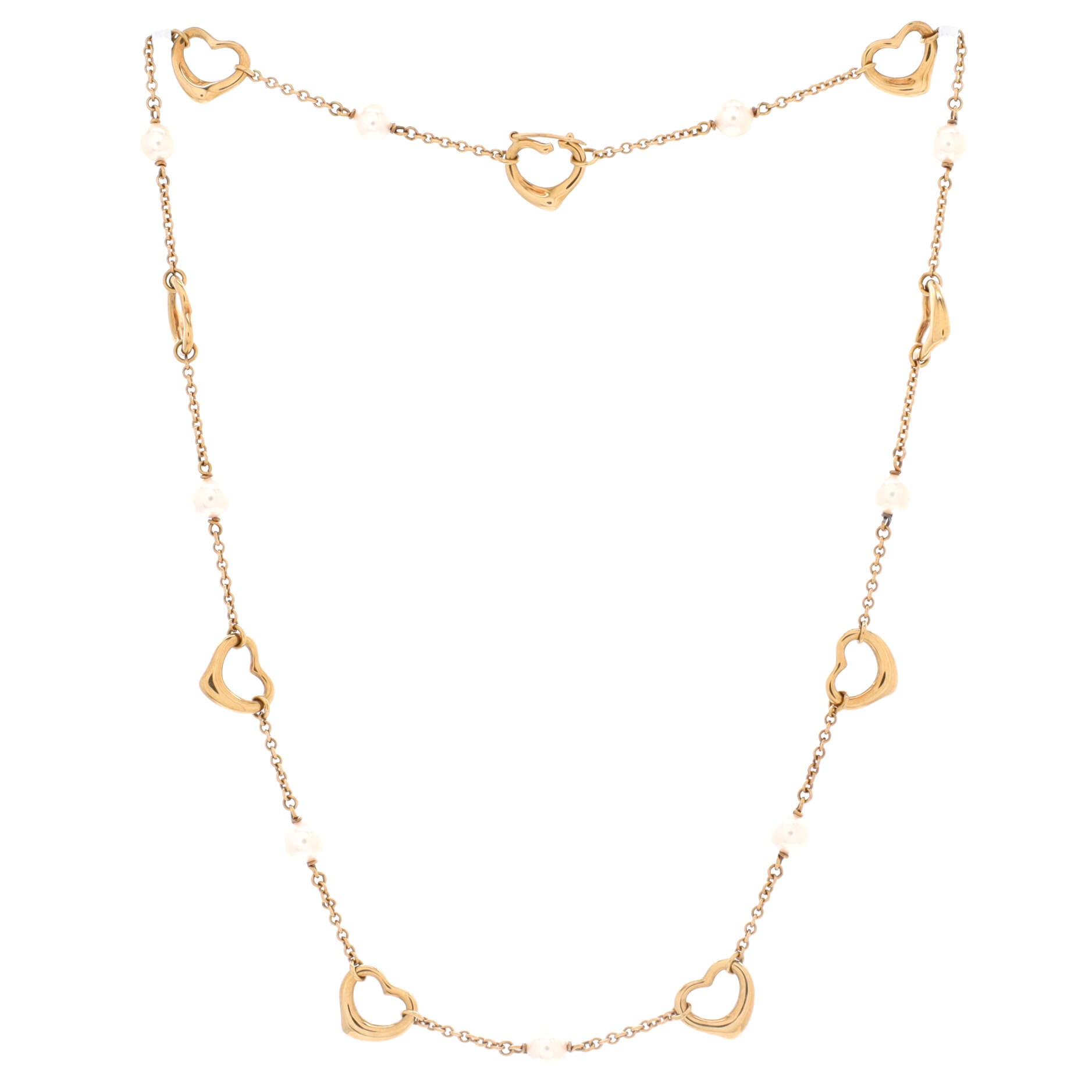 Elsa Peretti Open Heart Station Necklace 18K Yellow Gold and Pearls