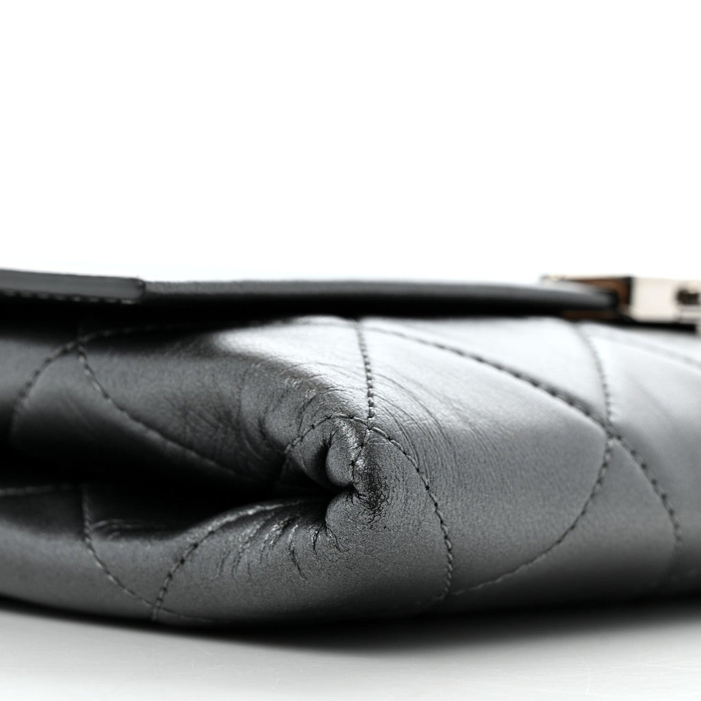 Metallic Lambskin Quilted Retro Label Clutch Charcoal Grey