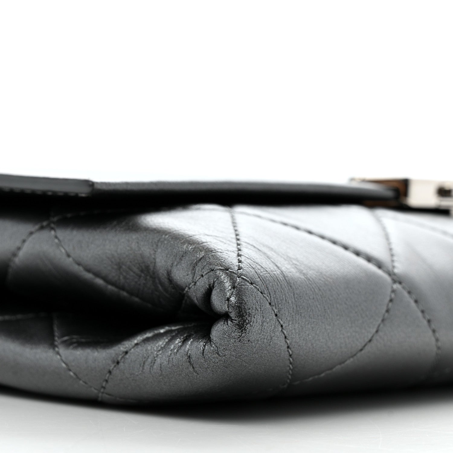 Metallic Lambskin Quilted Retro Label Clutch Charcoal Grey