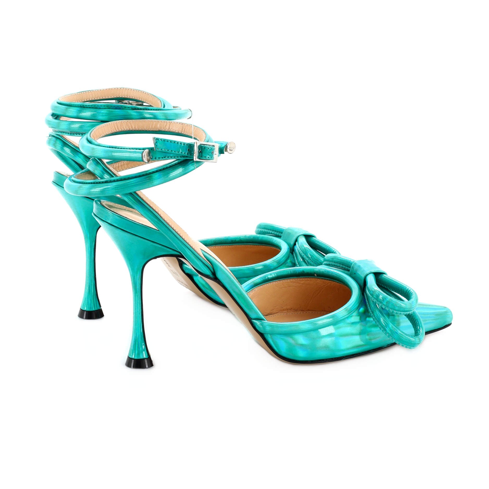 Women's Double Bow Ankle Strap Pumps Iridescent Leather 100