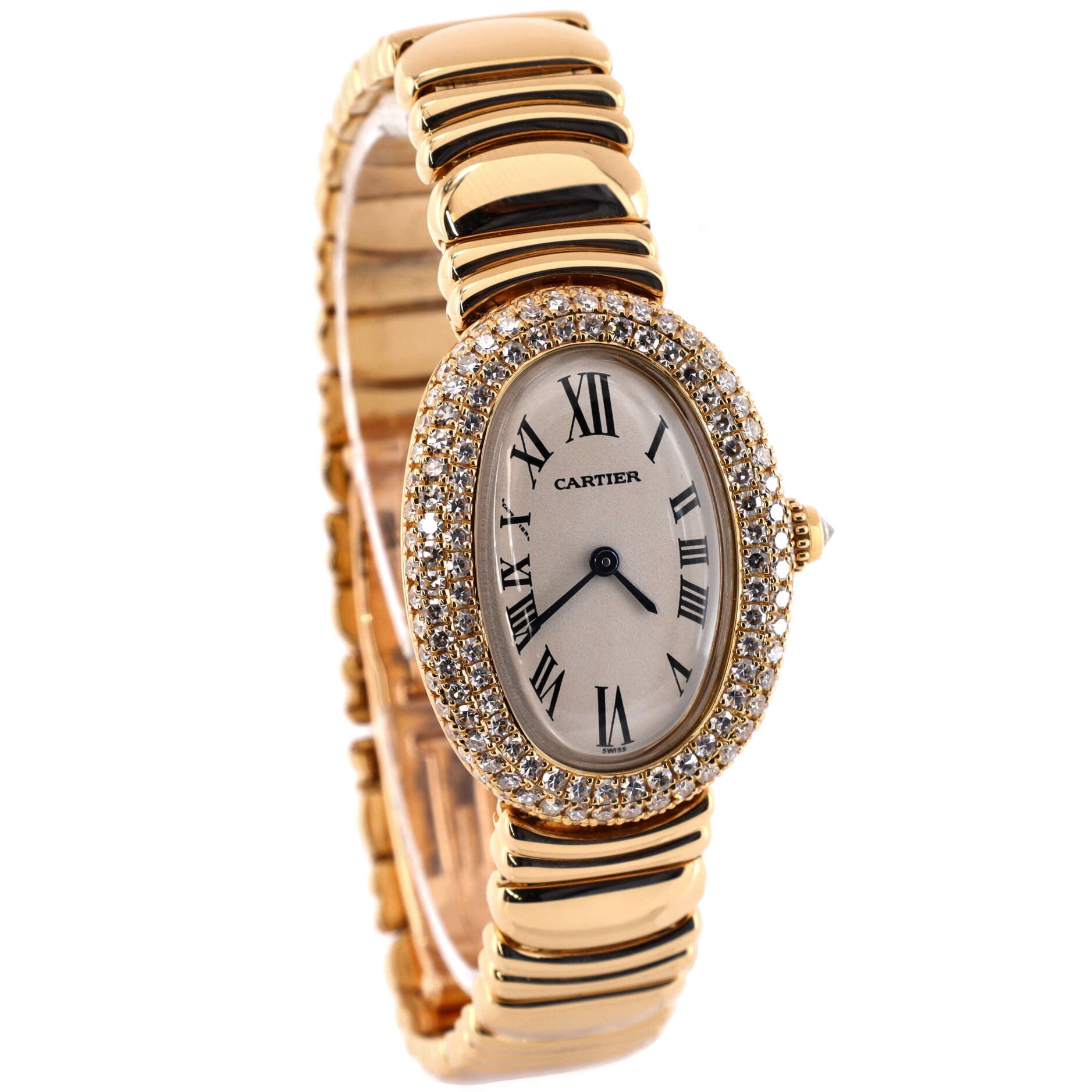 Baignoire Quartz Watch Yellow Gold with Three Row Diamond Bezel 22