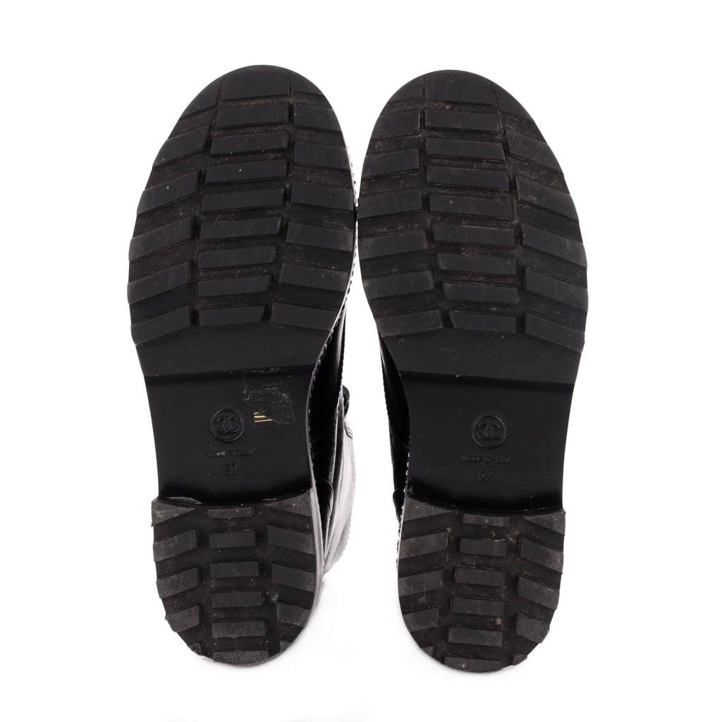Women's Cap Toe CC Chain Around Pearl Combat Boots Leather