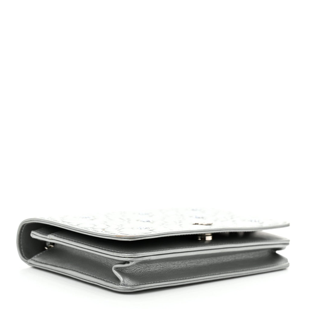 Metallic Lambskin Camellia Crystal Wallet on Chain WOC Silver