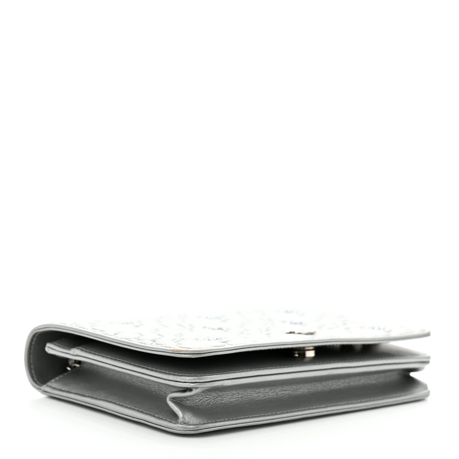 Metallic Lambskin Camellia Crystal Wallet on Chain WOC Silver