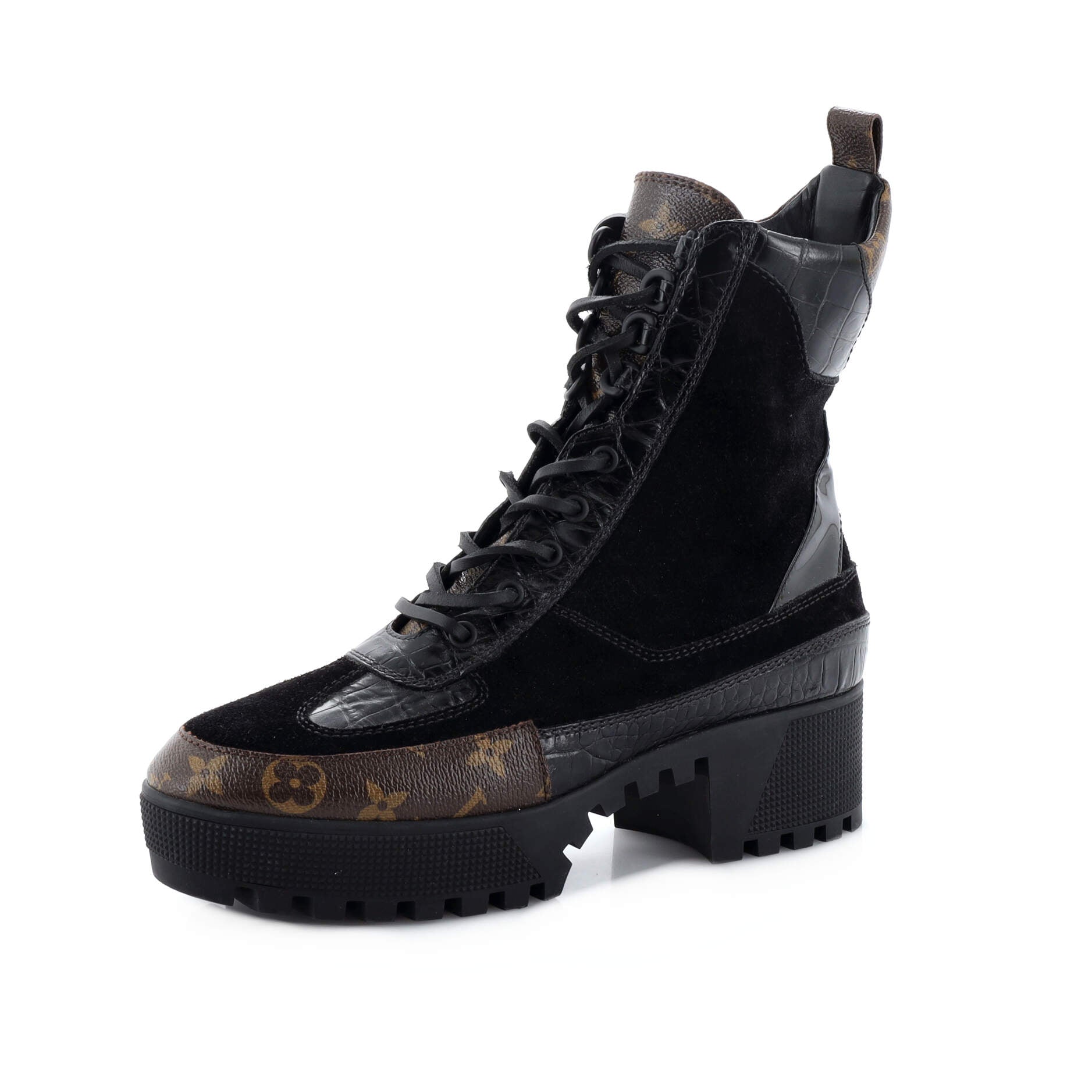 Women's Laureate Platform Desert Boots Suede with Monogram Canvas and Crocodile