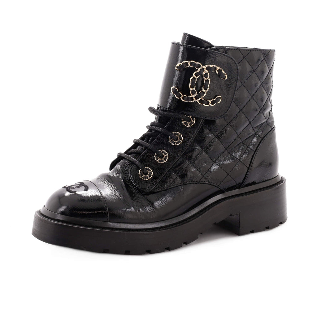 Women's Chain CC Cap Toe Lace Up Combat Boots Quilted Shiny Calfskin