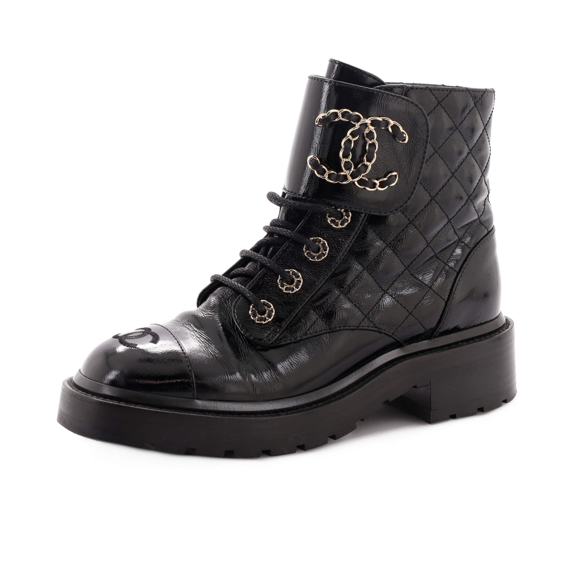 Women's Chain CC Cap Toe Lace Up Combat Boots Quilted Shiny Calfskin