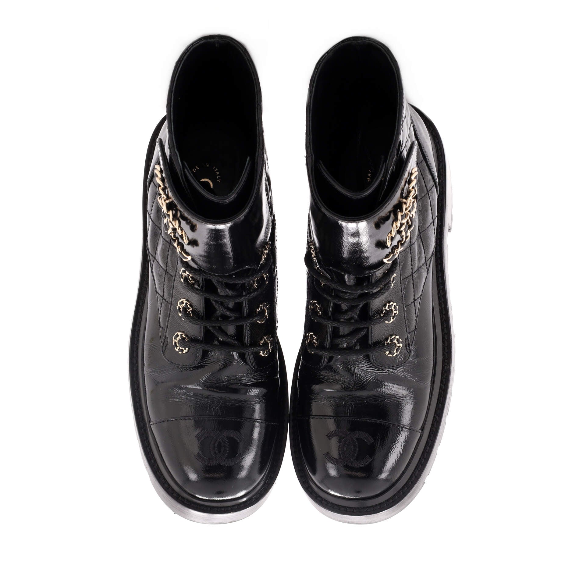 Women's Chain CC Cap Toe Lace Up Combat Boots Quilted Shiny Calfskin