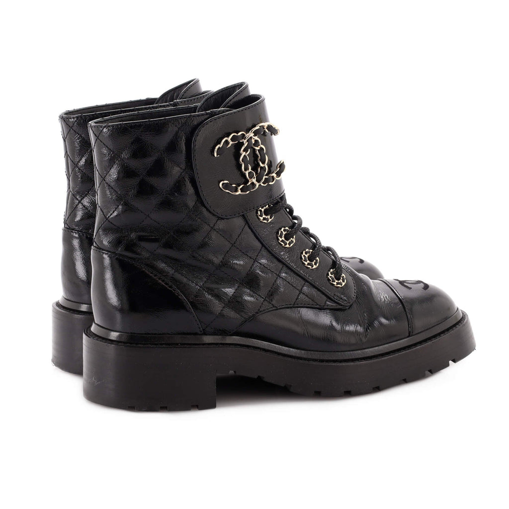 Women's Chain CC Cap Toe Lace Up Combat Boots Quilted Shiny Calfskin